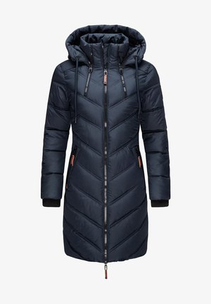 Mornarsko modra napihnjena jakna s chevron vzorcem, s kapuco in nastavljivimi vrvicami. Ima dve žepki na zadrgo in rebraste manšete.