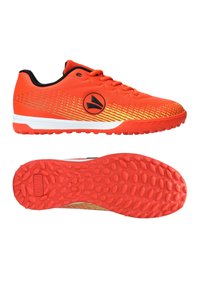 Scarpe da ginnastica arancioni con una tomaia testurizzata, dettagli neri e un design sfumato. Presenta una suola in gomma con motivo per una migliore trazione.