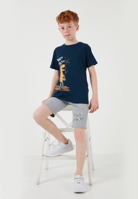 Garçon aux cheveux roux portant un t-shirt marine avec un dinosaure et un short gris avec le texte "Protection de la Planète", posant avec un pied sur un escabeau blanc.