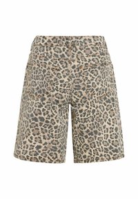 Short en jean imprimé léopard avec poches arrière et coutures visibles, vu de dos sur fond blanc.