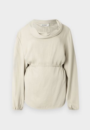 Beige top met lange mouwen, een col met drapering, geplooide mouwen en een elastische tailleband, gemaakt van een glad, lichtgewicht stof.