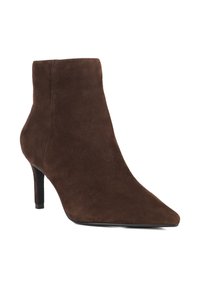 Brown suede ankle boot with pointed toe and mid-height slim heel, photographed against white background.