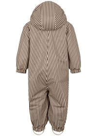 Combinaison imperméable rayée beige et marron avec capuche, poignets élastiques et sangles de pied. Texture lisse, matériau durable et coupe décontractée.