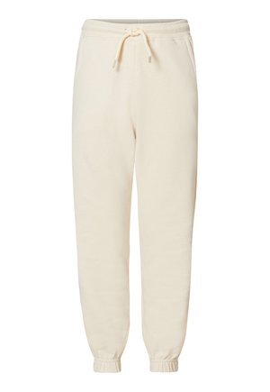 Crème-kleurige joggingsbroek van zacht materiaal, met een elastische tailleband met koord en elastische boorden bij de enkels.