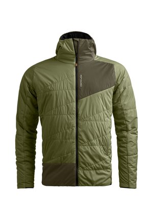 Green and dark olive insulated hooded jacket with diagonal quilting and front zipper, featuring a small vertical Ortovox logo on the chest.