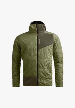 Green and dark olive insulated hooded jacket with diagonal quilting and front zipper, featuring a small vertical Ortovox logo on the chest.