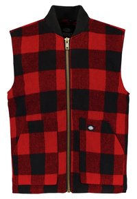 Röd och svart rutig ärmlös väst med frontdragkedja, ribbad krage och två framfickor, varav en med en liten svart logopatch.