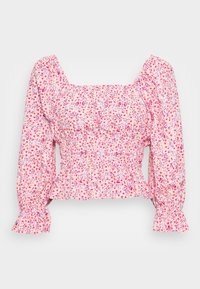 Blusa floreale rosa con scollatura quadrata, corpo arricciato e maniche a sbuffo. Presenta piccoli motivi a fiori colorati e polsini arricciati.