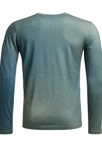 Long-sleeve shirt in a gradient blue-green hue, featuring a textured, smooth fabric and a crew neck design. No visible logos or patterns.