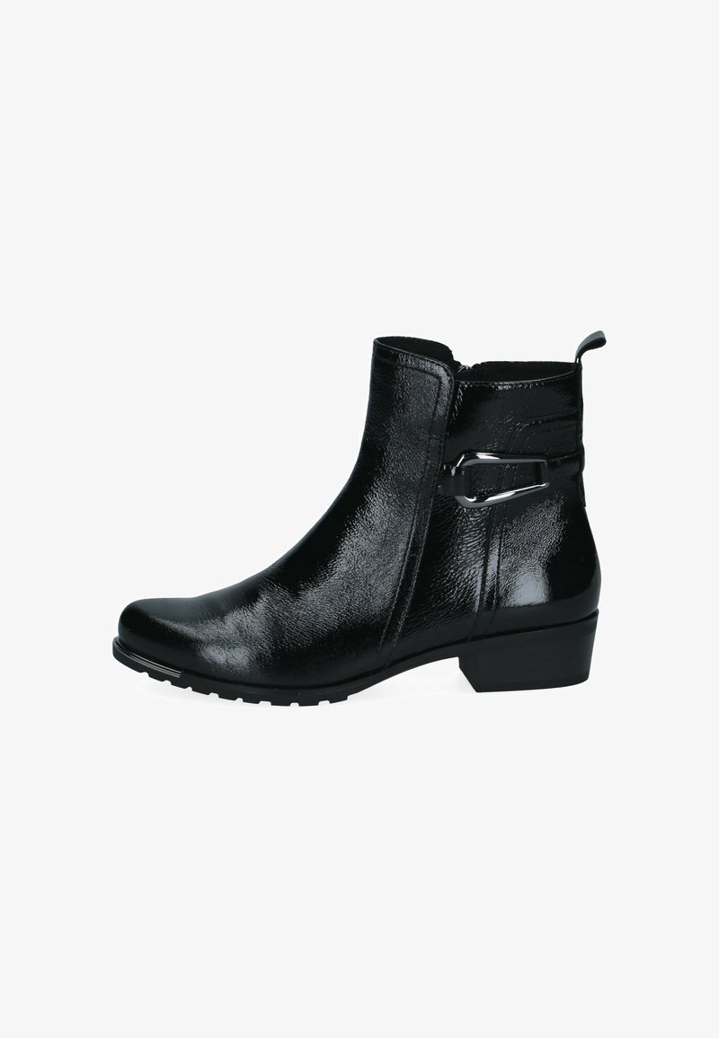 Bottine en cuir noir brillant avec petit talon, détail de boucle latérale et languette de tirage à l'arrière.