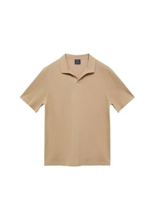 Short-sleeve polo shirt in a light beige color; made of smooth fabric with a collar and a V-button detail, featuring a straight cut.