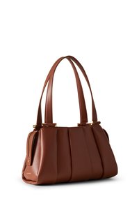 Brown leather handbag with pleated design, dual shoulder straps, and gold hardware accents; zippered opening on one side.