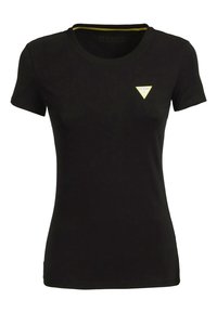 Černé tričko s krátkým rukávem vyrobené z bavlny. Má kulatý výstřih se žlutým akcentem a malým trojúhelníkovým logem značky na hrudi.