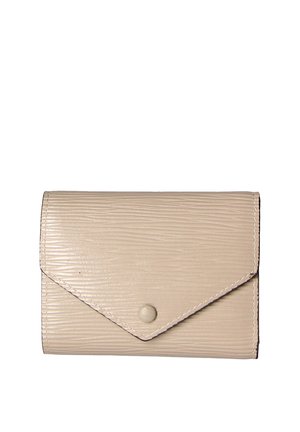Beige textured wallet made of leather, featuring a flap closure with a rounded button, and subtle stitching along the edges.