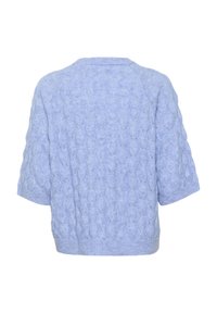 Ljusblå stickad tröja med kabelmönster, korta ärmar och avslappnad passform. Mjuk textur och ribbat avslut.