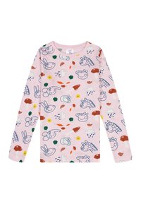 T-shirt à manches longues rose avec des motifs d'animaux et de nature ludiques en bleu marine, vert et orange, fabriqué en coton doux.