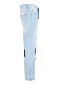 Light blue denim jeans with a straight fit, featuring distressed accents and black graphic details along the side.