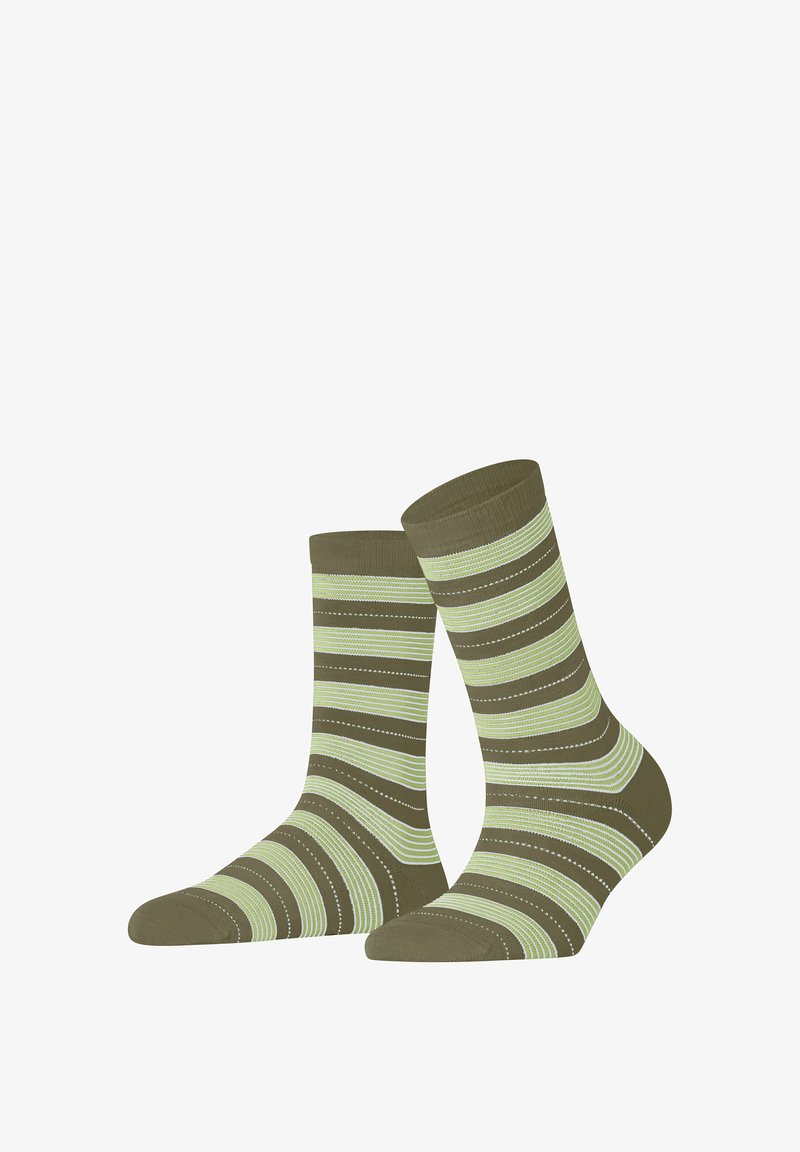 Brown socks with horizontal stripes in light green and white. Features a ribbed cuff and smooth texture.