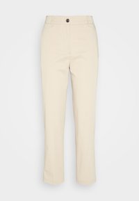 Pantalones de algodón beige con diseño de pierna recta, con cierre frontal de botones, trabillas para cinturón y textura suave.