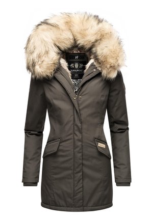 Donkergroene parka voor dames met een grote capuchon afgezet met beige bont, een ritssluiting aan de voorkant, drukknopen en klepzakken.