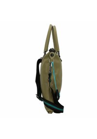 Sac à main en cuir kaki avec deux poignées courtes et une bandoulière amovible. Dispose d'une fermeture éclair, d'accents bleus et d'une surface texturée.