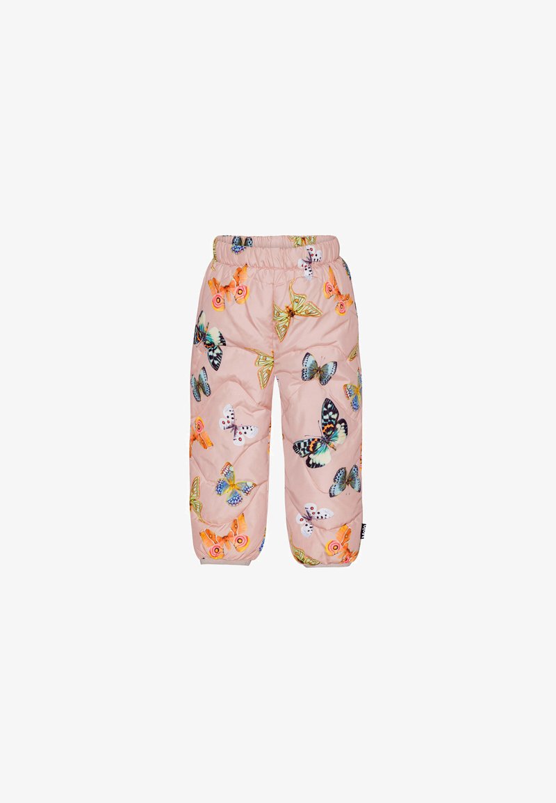 Ροζ μαλακά παντελόνια με πολύχρωμο σχέδιο πεταλούδας, διαθέτουν ρυθμιζόμενη ελαστική μέση και στενές γάμπες, ιδανικά για ζέστη και άνεση.