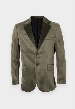 Olive green velvet blazer with a black satin lapel, two front pockets, single-button closure, and smooth texture.