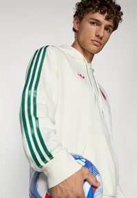Cream hoodie with green striped sleeves, featuring a red logo. Model holds a multicolored soccer ball with blue and red accents.