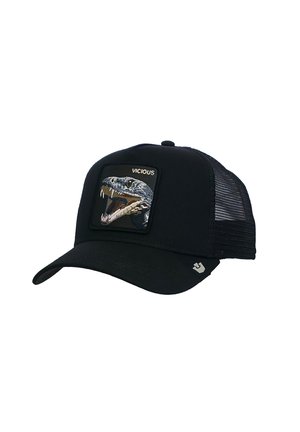 Schwarze Trucker-Kappe aus Mesh mit gestickter, geöffnetem Mund zeigender Schlange und dem Wort "VICIOUS" auf dem Front-Patch.