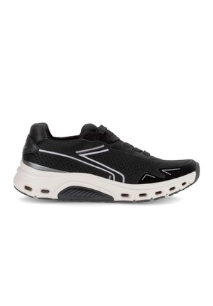 Black athletic sneaker with white sole, perforated upper, lace-up front, and reflective silver design accents on the sides.