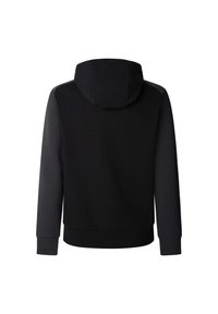Sudadera negra con capucha, con un diseño de color sólido, puños y dobladillo acanalados. El material parece suave con un ligero brillo.