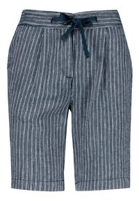Niebieskie i białe szorty w paski z elastycznym paskiem w talii, wyposażone w boczne kieszenie i luźny krój. Materiał przypominający bawełnę o miękkiej fakturze.