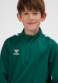 Grøn atletisk trøje med lynlås og høj krave, med en hvid logo og striber langs skuldrene, lavet af glat materiale.