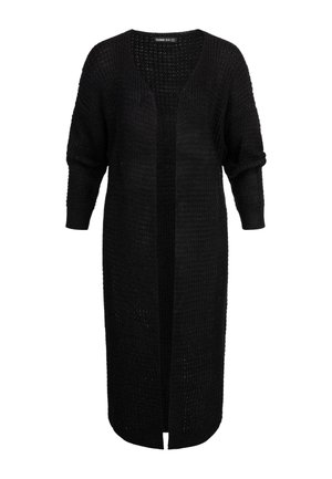 Cardigan nero aperto sul davanti, realizzato in materiale a maglia testurizzata, con maniche lunghe e vestibilità ampia, dotato di fessure laterali per facilitare il movimento.
