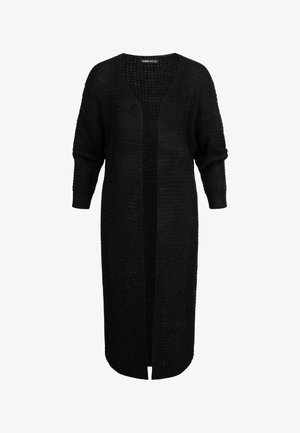 Fekete, nyitott elülső kardigán, textúrált kötött anyagból, hosszú ujjakkal és laza szabással, oldalsó hasítékokkal a mozgás kényelme érdekében.