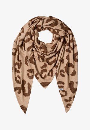 Sciarpa beige con motivo a stampa leopardata marrone, forma triangolare, texture morbida e un piccolo etichetta su un'estremità.