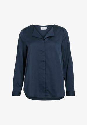 Dunkelblaue Bluse mit langen Ärmeln aus glattem Stoff, spitzem Kragen, Knopfverschluss und leicht geschwungenem Saum.