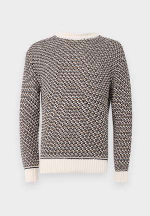 Knitted sweater featuring a textured pattern in black, brown, and cream. Round neck, long sleeves, and ribbed cuffs and hem.