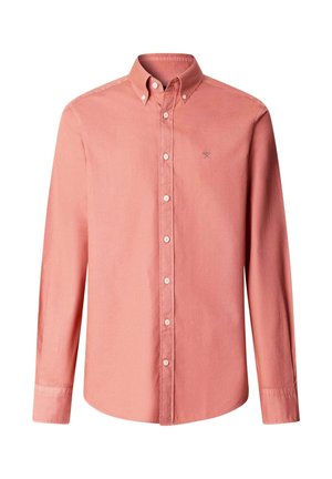 Svetloružová košeľa na zapínanie s dlhými rukávmi, golierom a bielymi gombíkmi. Na hrudi sa nachádza malý vyšívaný logo. Hladká textúra.