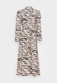 Vestido longo abotoado em tecido estampado com riscas horizontais em tons de creme, castanho e cinza. Possui laço na cintura e mangas bufantes.