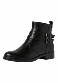 Botines de cuero negro con dos correas decorativas, hebillas de plata y panel texturizado. Diseño de punta redonda y tacón bajo en bloque.