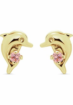 Gyldne øreringe formet som delfiner med en pink ædelsten i midten. Glat overflade og skinnende finish, med små øje-detaljer.