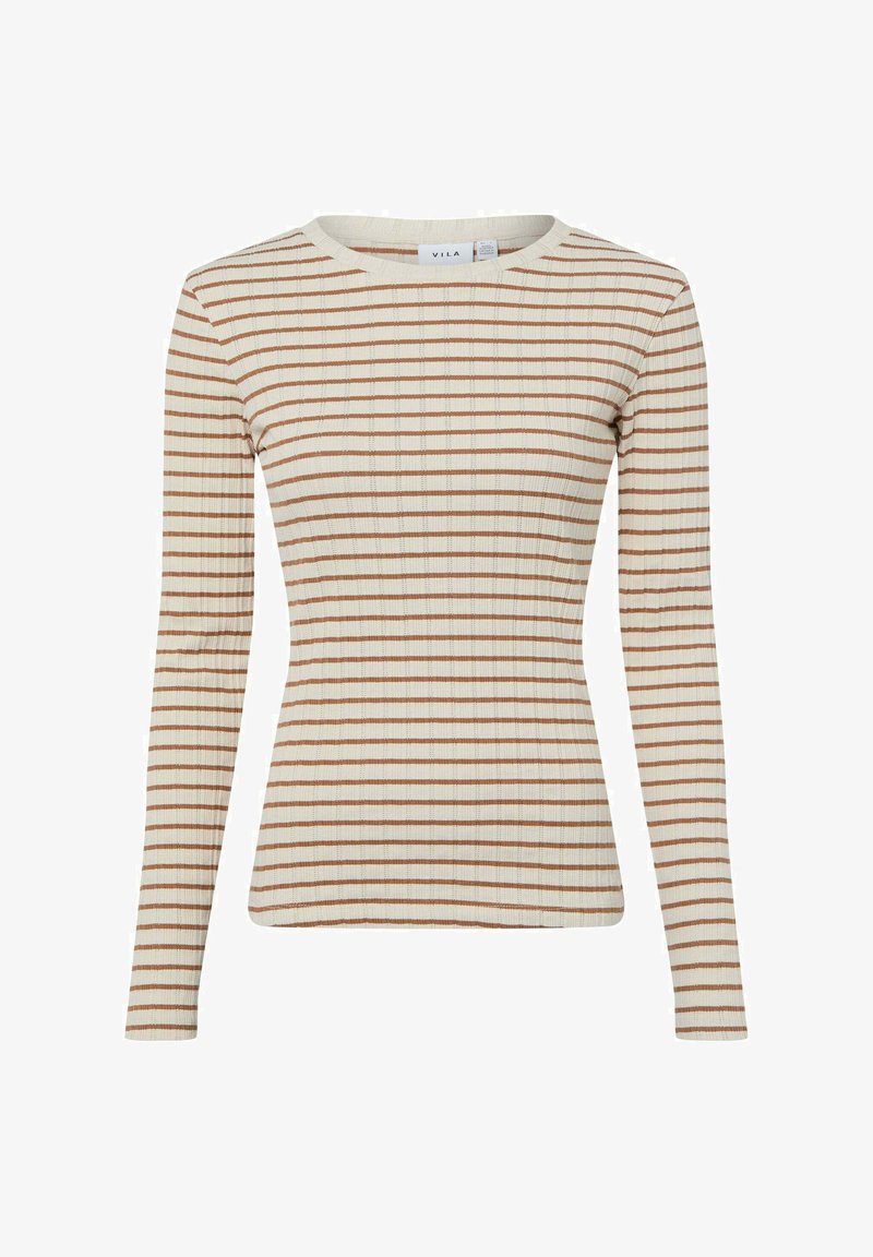 Haut en maille côtelée beige à manches longues avec des rayures horizontales marron et un col rond.
