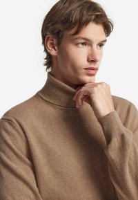 Brun polotröja i mjukt stickat material, med ribbad krage och manschetter, avslappnad passform och minimal textur.