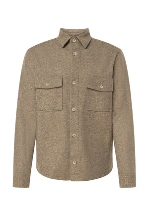 Braune Hemdjacke aus Wollmischung mit langen Ärmeln, durchgehender Knopfleiste und zwei knopflappbaren Brusttaschen vor weißem Hintergrund.