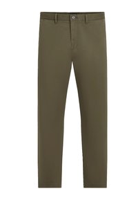 Pantaloni casual verde oliva, realizzati in tessuto misto cotone. Presentano un design a gamba dritta, tasca frontale e chiusura con bottone in metallo.