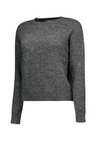 Maglione grigio lavorato a maglia con maniche lunghe e scollo rotondo a coste, caratterizzato da una texture morbida e una vestibilità ampia con dettagli minimi.