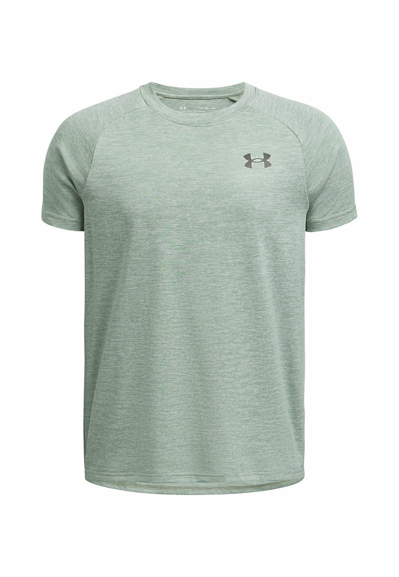 Vihreä vaaleanvihreä lyhythihainen t-paita, joka on valmistettu sileästä ja hengittävästä kankaasta. Sitä koristaa pyöreä kaula-aukko ja musta Under Armour -logo rinnassa.