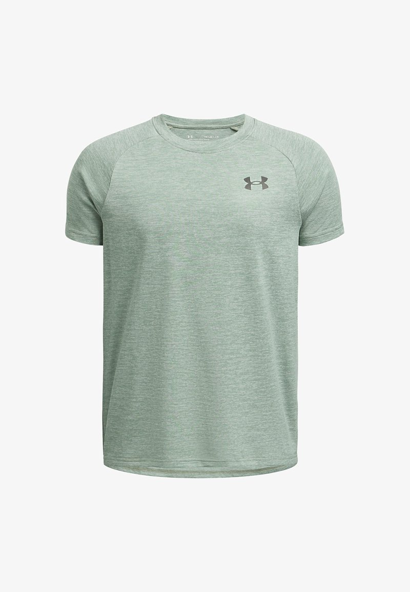 Světle zelené tričko s krátkým rukávem vyrobené z hladké, prodyšné tkaniny. Má kulatý výstřih a černé logo Under Armour na hrudi.