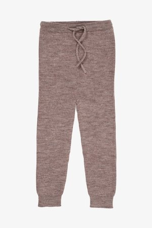 Pantalons de lounge en tricot marron avec une taille à cordon, des jambes fuselées et une texture douce, présentant un léger motif chiné tout au long.